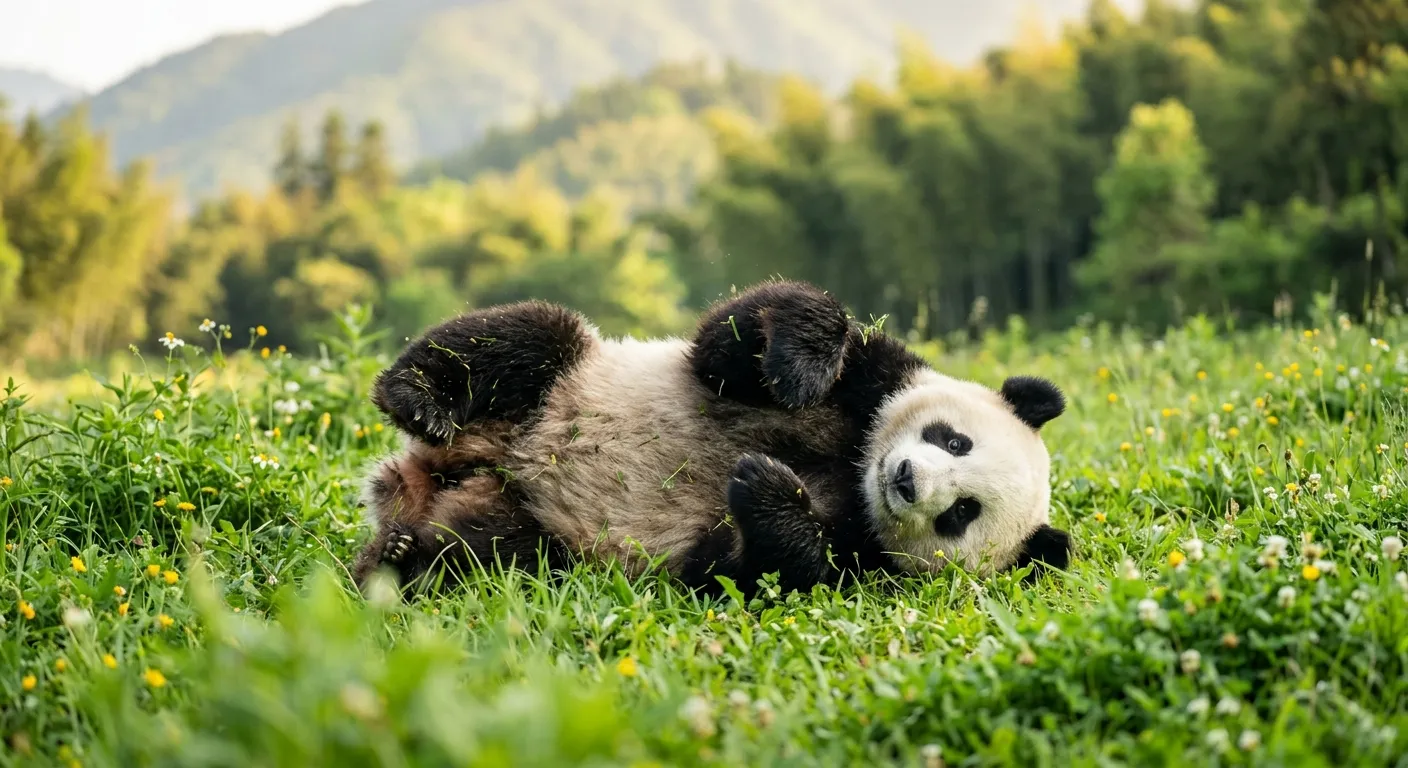 Cute panda playing in meadow